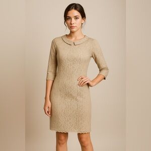 Three Seasons Lace Sheath Dress Medium Beige Nude Peter Pan Collar Retro Style